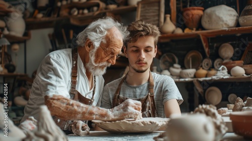 An older man and a younger man are working together in a pottery studio