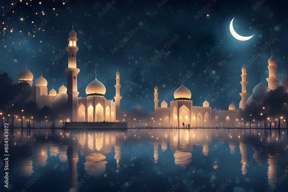 A beautiful night view of a city with a large mosque in the background