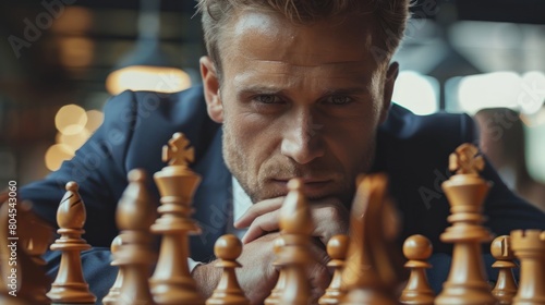 A man in a suit is playing chess and looking at the board