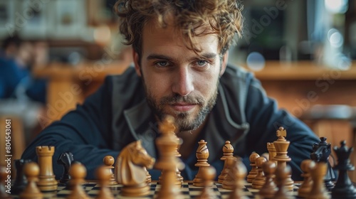 A man is playing chess with a wooden board
