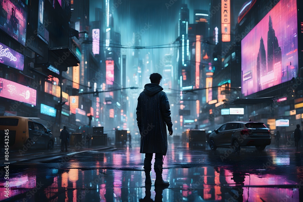 A man stands in the rain in front of a cityscape with neon signs