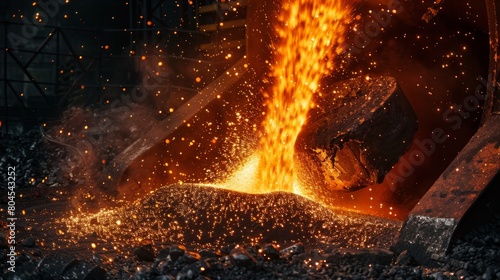Molten metal pour from big container Into sand mold with sparks. Iron casting in metallurgy foundry plant, heavy industry