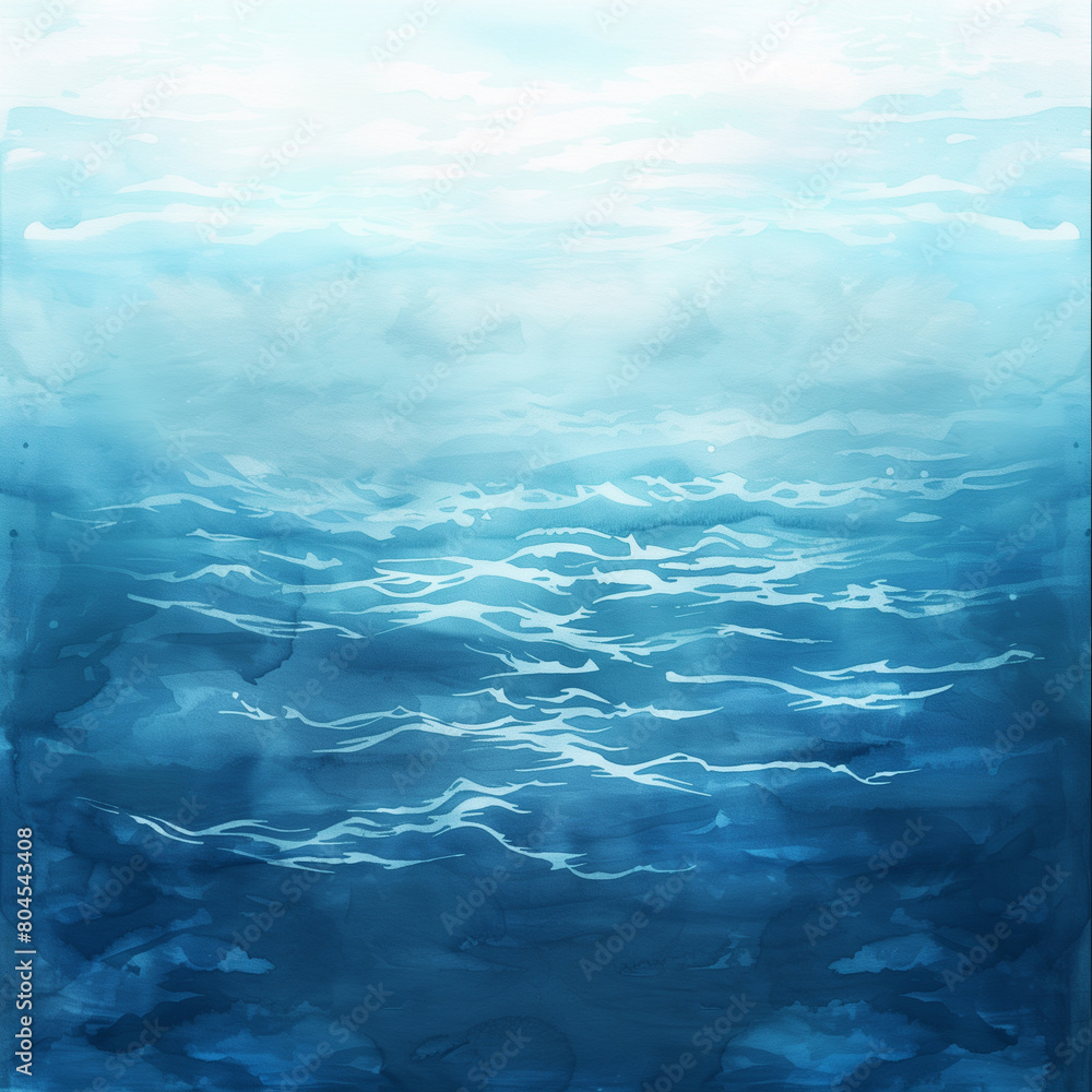 blue watercolor ocean water surface and underwater with waves