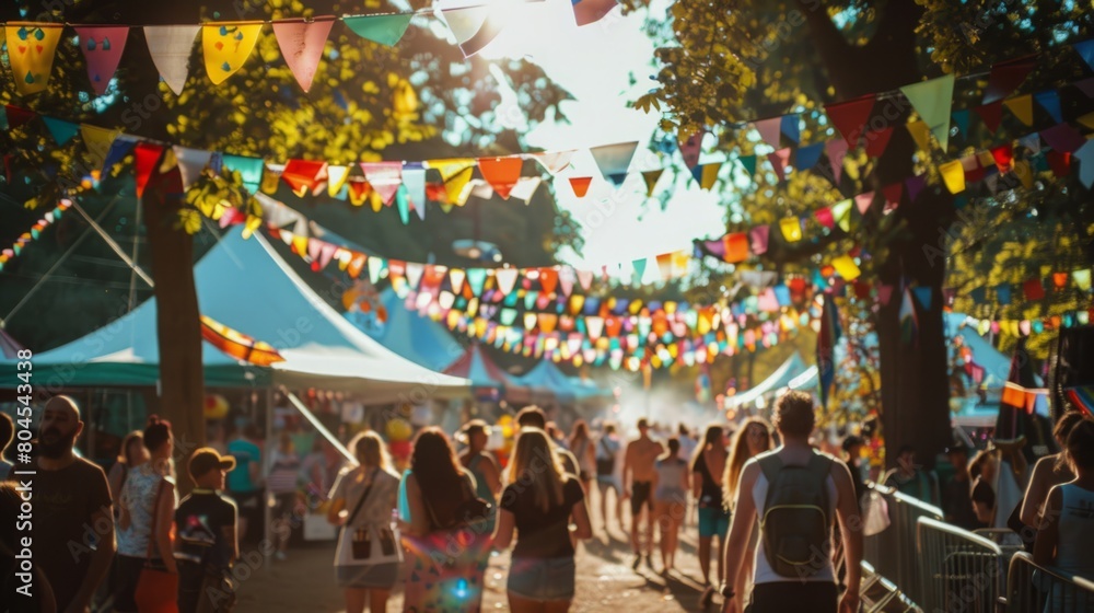 A group of individuals walking in a crowded street lined with tents on a busy day.