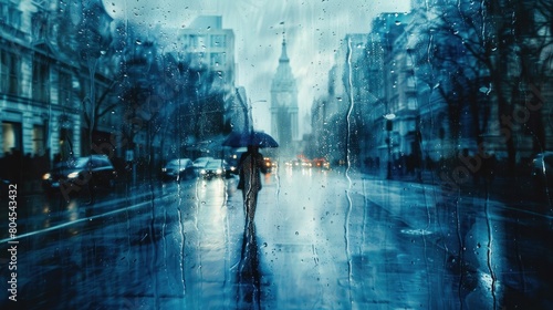 A rainy city street with a person walking under an umbrella