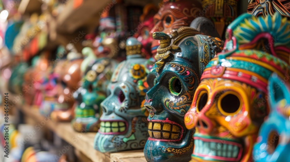 Display of bright and vibrant painted skulls lined up neatly on a wooden shelf. Display of bright and vibrant painted skulls lined up neatly on a wooden shelf.