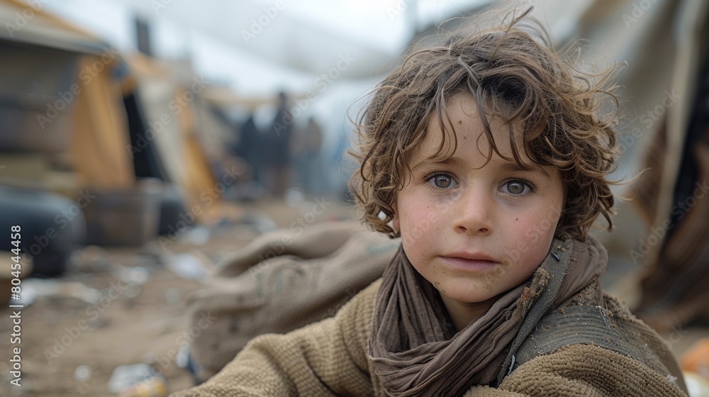 A young boy with a scarf on his head sitting in the dirt, AI A young boy with a scarf on his head sitting in the dirt, AI