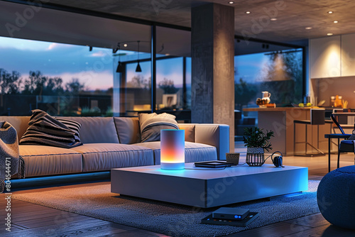 Modern-looking home with smart speakers lights and thermostat all connected and controlled through a single device, concept of Smart Home and Automation, photo