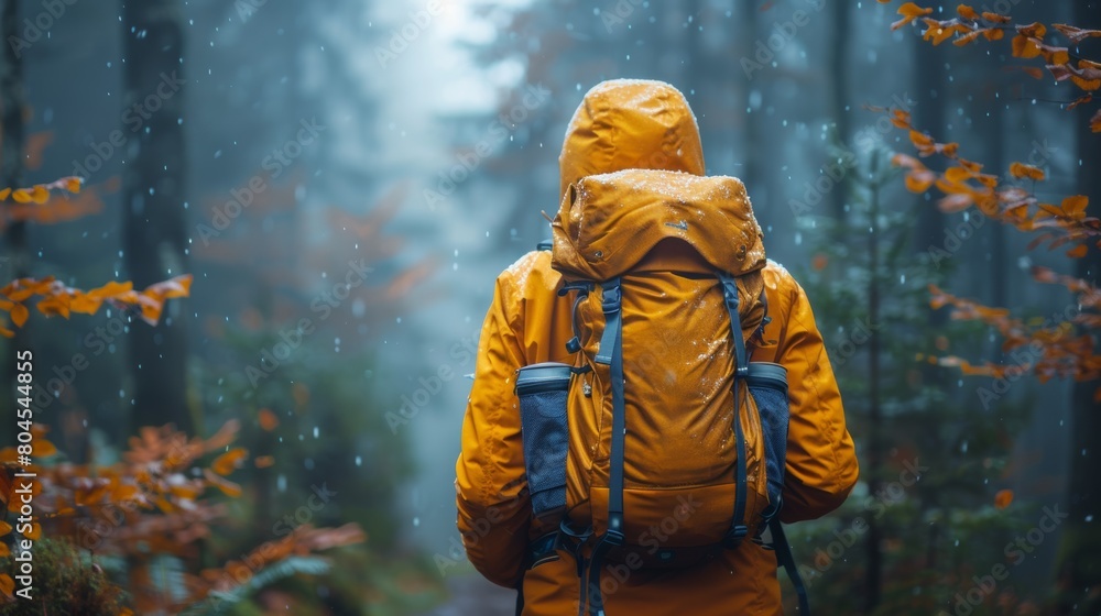 A person in a yellow rain jacket walking through the woods, AI A person in a yellow rain jacket walking through the woods, AI