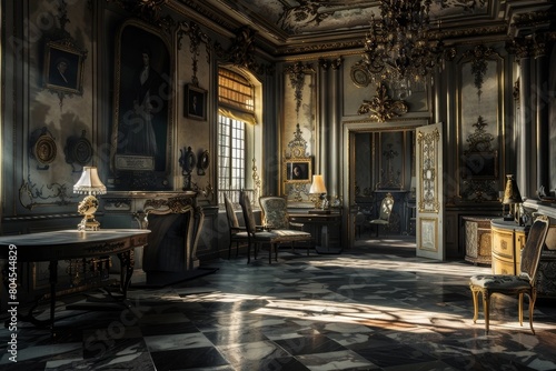 Luxurious Baroque-Inspired Interior Scene with Ornate Furnishings and Dramatic Lighting