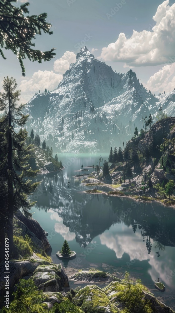 Majestic Snowy Mountain Landscape with Serene Lake and Lush Forest Reflection Majestic Snowy Mountain Landscape with Serene Lake and Lush Forest Reflection