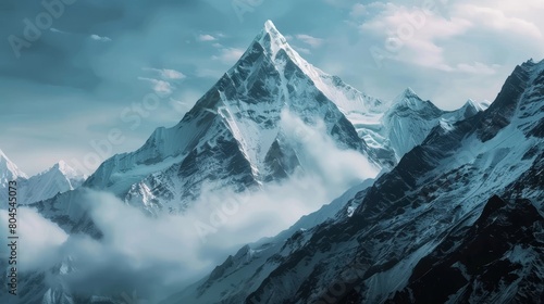 Majestic Snowy Mountain Peak in Cinematic Winter Landscape with Dramatic Clouds