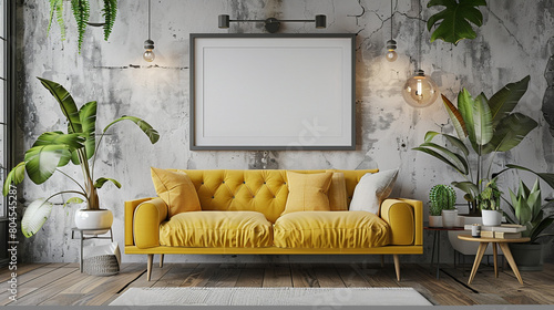 Pops of color in minimalist furniture, empty wall in Scandinavian living room photo