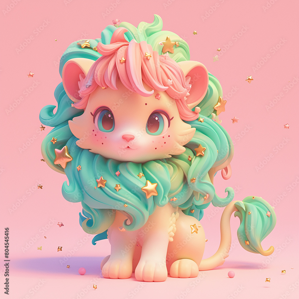 Φωτογραφία zodiac sign leo 3D A cartoon lion with a pink and green mane and yellow eyes