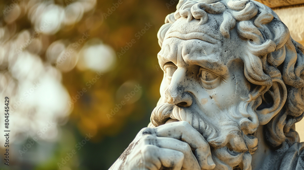 White marble statue of a philosopher thinker pondering life, in a park with trees in the background and golden light of sunset. Wallpaper of meditation, wisdom and philosophical thought