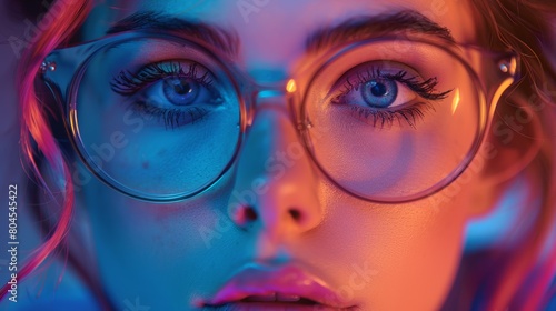 A close up of a woman with glasses and blue eyes, AI