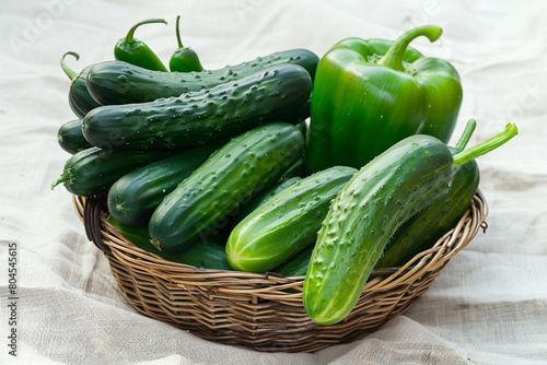 A collection of fresh cucumbers and green peppers, neatly tucked into a wicker basket, presented on a white canvas.