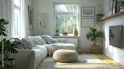 Scandinavian living room interior, focus on clean lines and textures