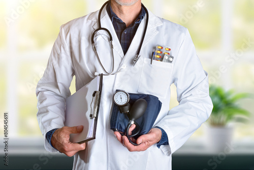 Detail doctor showing blood pressure monitor with window background