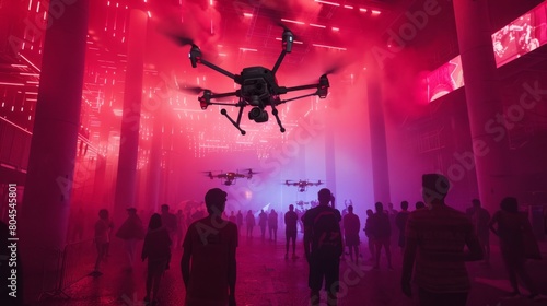 A crowd of people gathered around a building where a black and red DJI drone is stationed, capturing attention and curiosity. photo