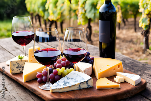 Wine and cheese plate with grapes, vineyards background, close up, tasting, dinner, blue hard mold, red, muscat, Italy, France, Spain, Burgundy, Bordoe, Chardonnay, eco, sampling, romantic, glasses photo