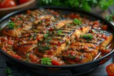 A close-up shot of delicious grilled salmon fillets in a tomato and herb sauce served in a pan, highlighting a healthy and savory meal choice