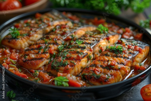 A close-up shot of delicious grilled salmon fillets in a tomato and herb sauce served in a pan, highlighting a healthy and savory meal choice