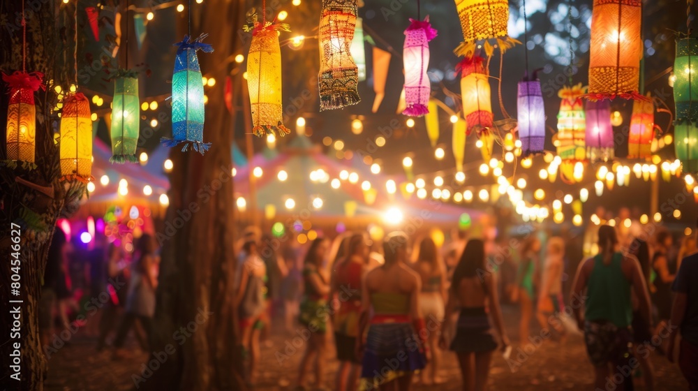 A diverse group of individuals stand amidst a forest illuminated by strings of colorful lights, creating a mesmerizing scene.