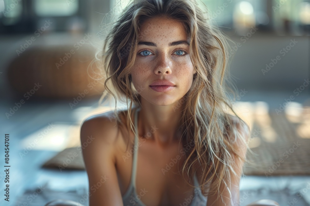 A beautiful young woman with blue eyes and tousled hair looking softly at the camera in a sunlit room