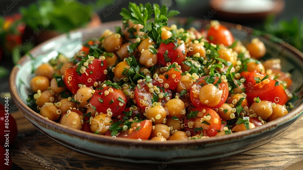 Lemony Quinoa and Chickpea Salad with Fresh Tomatoes. Fresh and vibrant lemony quinoa salad mixed with chickpeas, cherry tomatoes, and a sprinkle of herbs, perfect for a healthy meal. Lemony Quinoa and Chickpea Salad with Fresh Tomatoes. Fresh and vibrant lemony quinoa salad mixed with chickpeas, cherry tomatoes, and a sprinkle of herbs, perfect for a healthy meal.