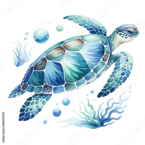 A watercolor painting of a green sea turtle swimming in a coral reef with blue and purple bubbles.