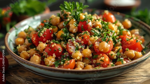 Lemony Quinoa and Chickpea Salad with Fresh Tomatoes. Fresh and vibrant lemony quinoa salad mixed with chickpeas, cherry tomatoes, and a sprinkle of herbs, perfect for a healthy meal.