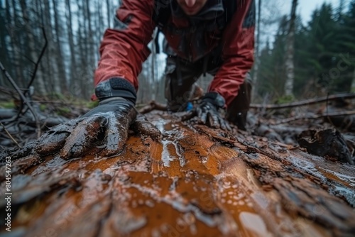 A person clad in outdoor gear reaches out, covered in mud, in a wild, natural environment