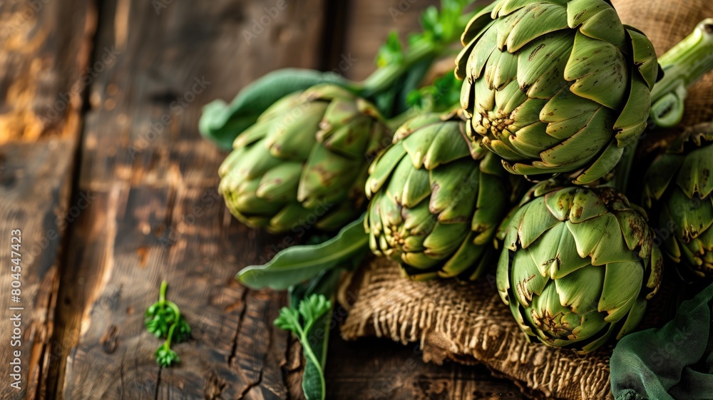 Fototapeta premium Fresh artichokes on a rustic wooden table