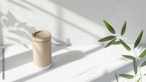 Eco-friendly cylindrical packaging on sunny window ledge.