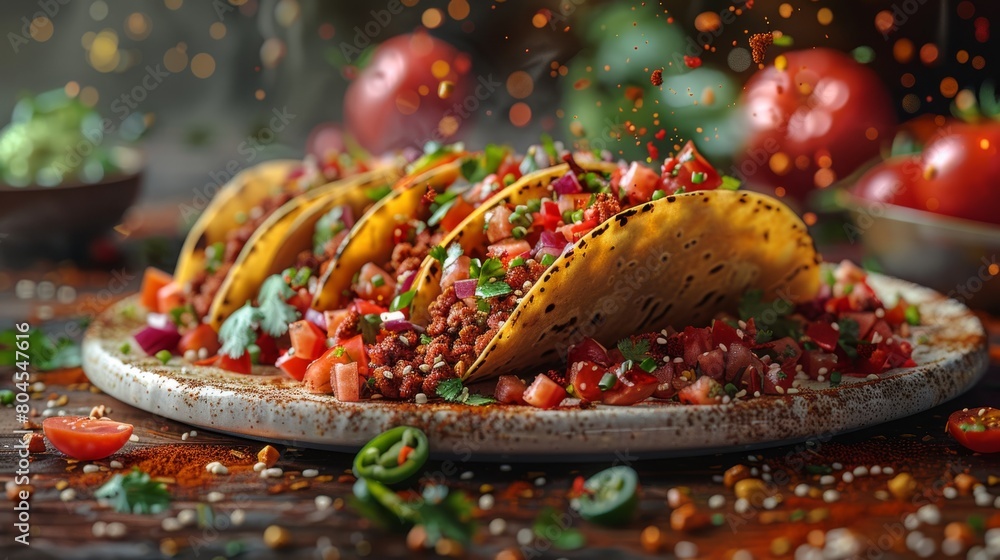 Spicy Mexican Tacos with Fresh Salsa and Beef. A platter of vibrant Mexican tacos filled with spicy beef, topped with fresh salsa, cilantro, and diced vegetables, perfect for a festive meal.