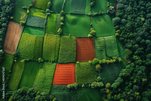 Birds eye view capturing the mix of different crops, forming a quilt-like pattern on the landscape © Larisa AI