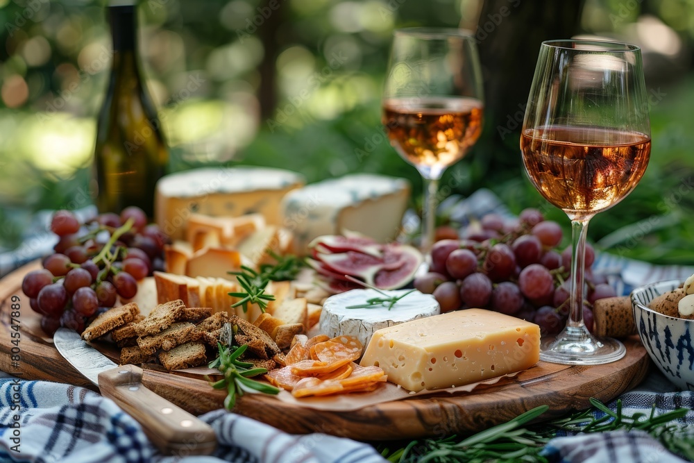 An outdoor picnic spread with a bottle of wine, assorted cheeses, fruits on a rustic wooden board