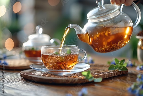 Image capturing the golden hue of tea being poured from a clear tea pot into a glass cup, enhanced by natural light photo