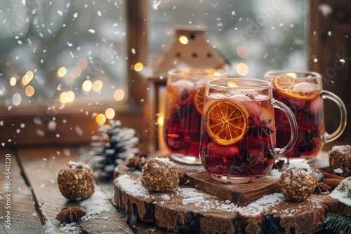 A warming holiday scene portraying two glass mugs filled with aromatic mulled wine with citrus garnishes surrounded by snow-covered decorations