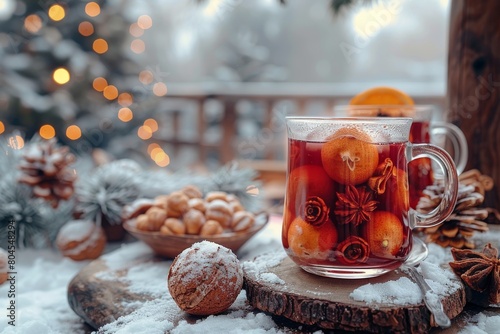 Charming holiday image of a glass of mulled wine placed on a snow-dusted wooden coaster with a background of fairy lights photo