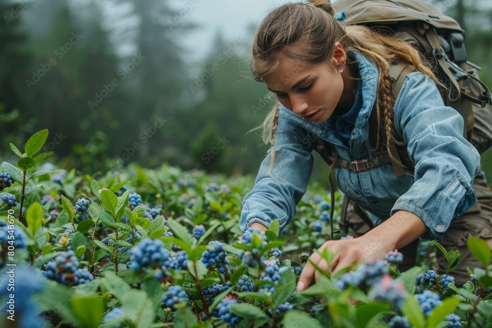 An adventurous person picks blueberries in a misty forest landscape, giving a sense of mystery and exploration An adventurous person picks blueberries in a misty forest landscape, giving a sense of mystery and exploration