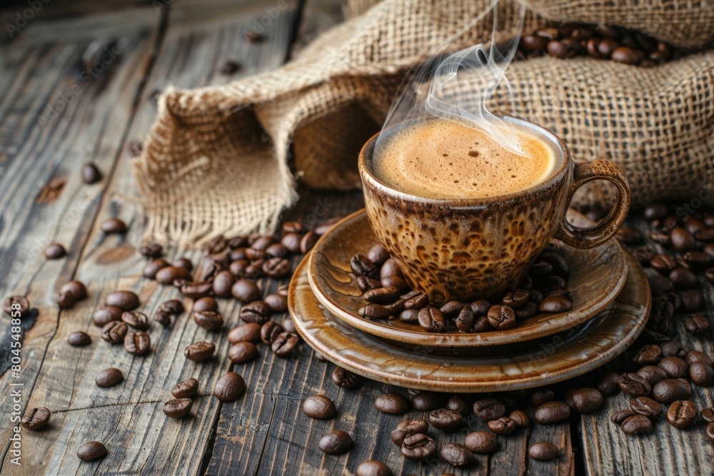 Steaming Espresso Cup on Wooden Table with Scattered Beans Steaming Espresso Cup on Wooden Table with Scattered Beans