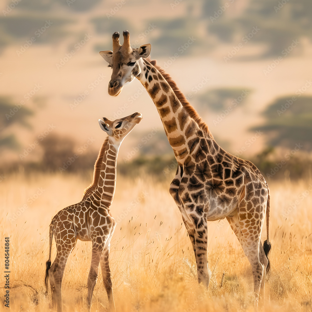 Obraz premium the_moment_of_a_mother_giraffe_bending_down