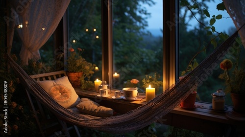 Evening tea in a hammock with a view of the green courtyard. In the style of hygge.