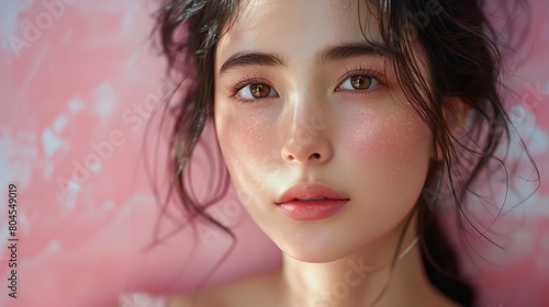 Skincare brand ambassador, Asian woman with radiant skin, soft pink backdrop, gentle and appealing