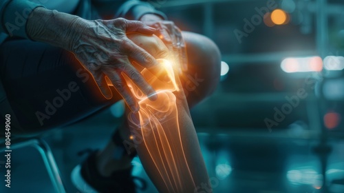 Elderly woman suffering from pain in knee pain due to bone disease, knee joint degeneration osteoarthritis, tendonitis or tear, exercise injury or injuries from accidents, show holograms, x-rays photo