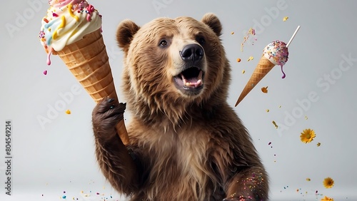 Cute funny brown bear with ice cream cone and confetti falling