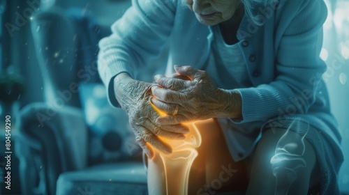 Elderly woman suffering from pain in knee pain due to bone disease, knee joint degeneration osteoarthritis, tendonitis or tear, exercise injury or injuries from accidents, show holograms, x-rays