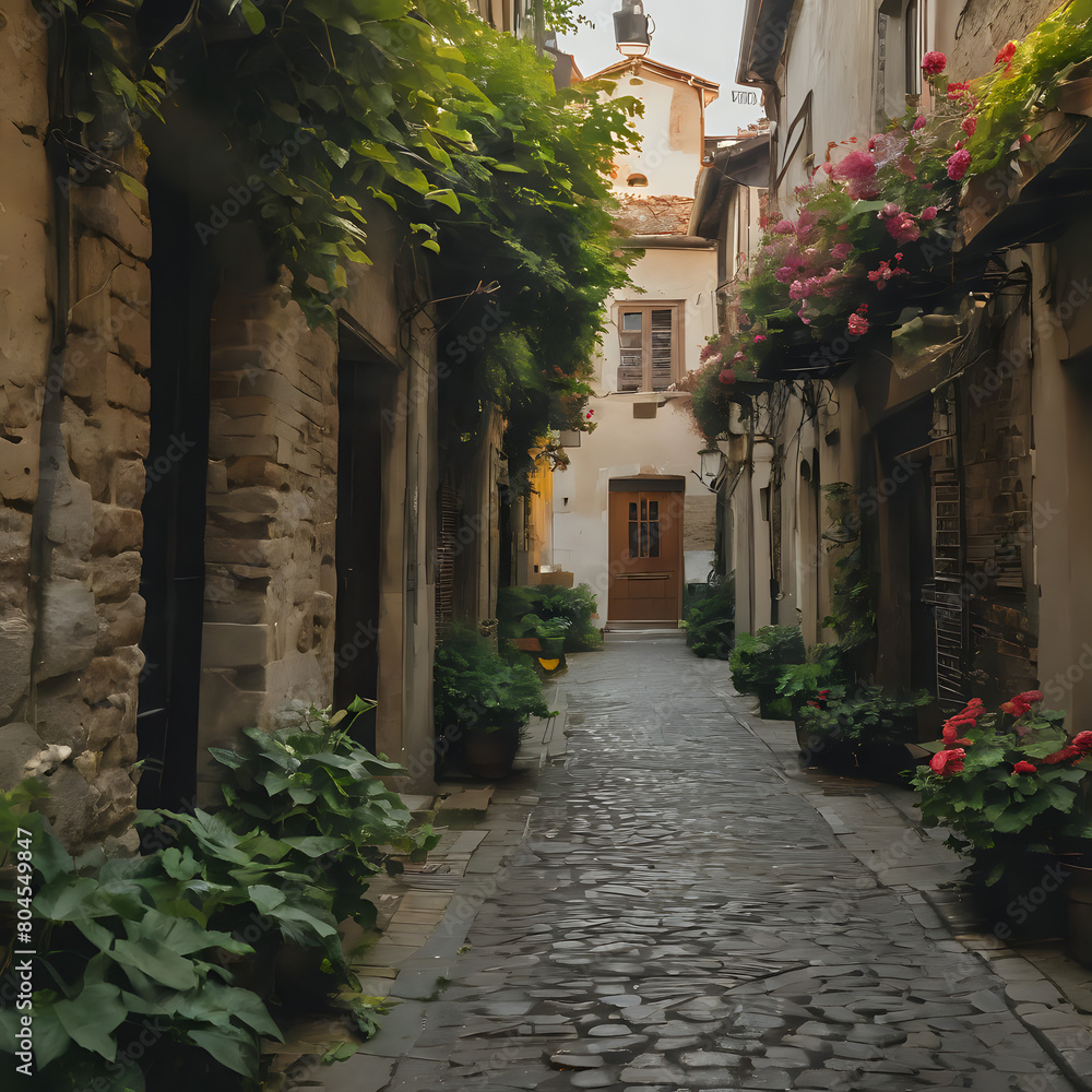 a narrow cobblestone street with flowers and plants on either side